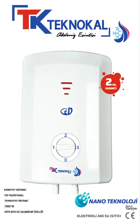 Teknokal 7500W Elektrikli Şofben Nano Teknoloji 8 Emniyet Sistemi Bakır Rezistans